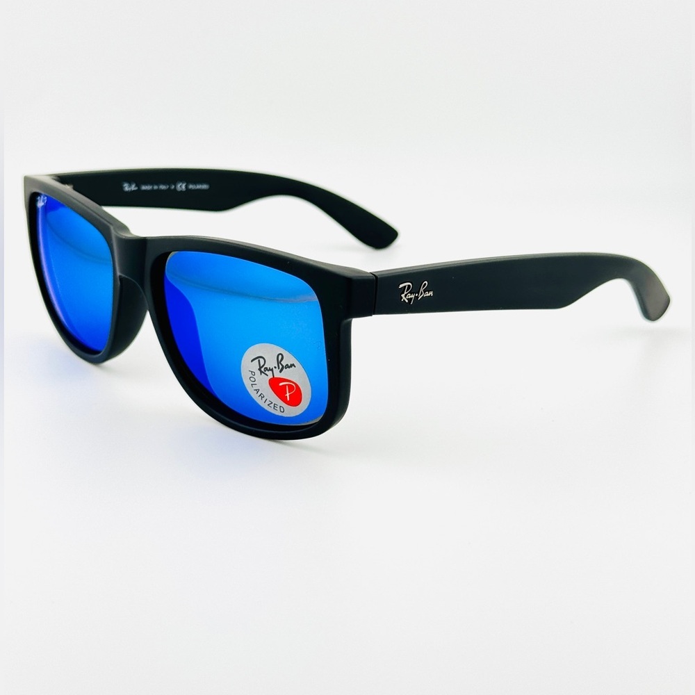 Ray-Ban Justin Sunglasses RB4165 Matte Rubber Black Frame Blue Mirror Lenses - Picture 10 of 15